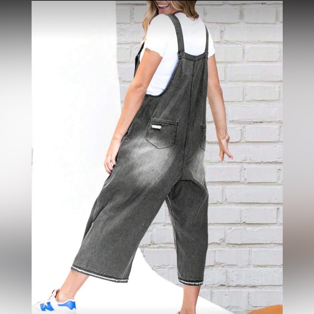 Distressed Wide Leg Adjustable Strap Denim Jean Overalls - Picture 3 of 8